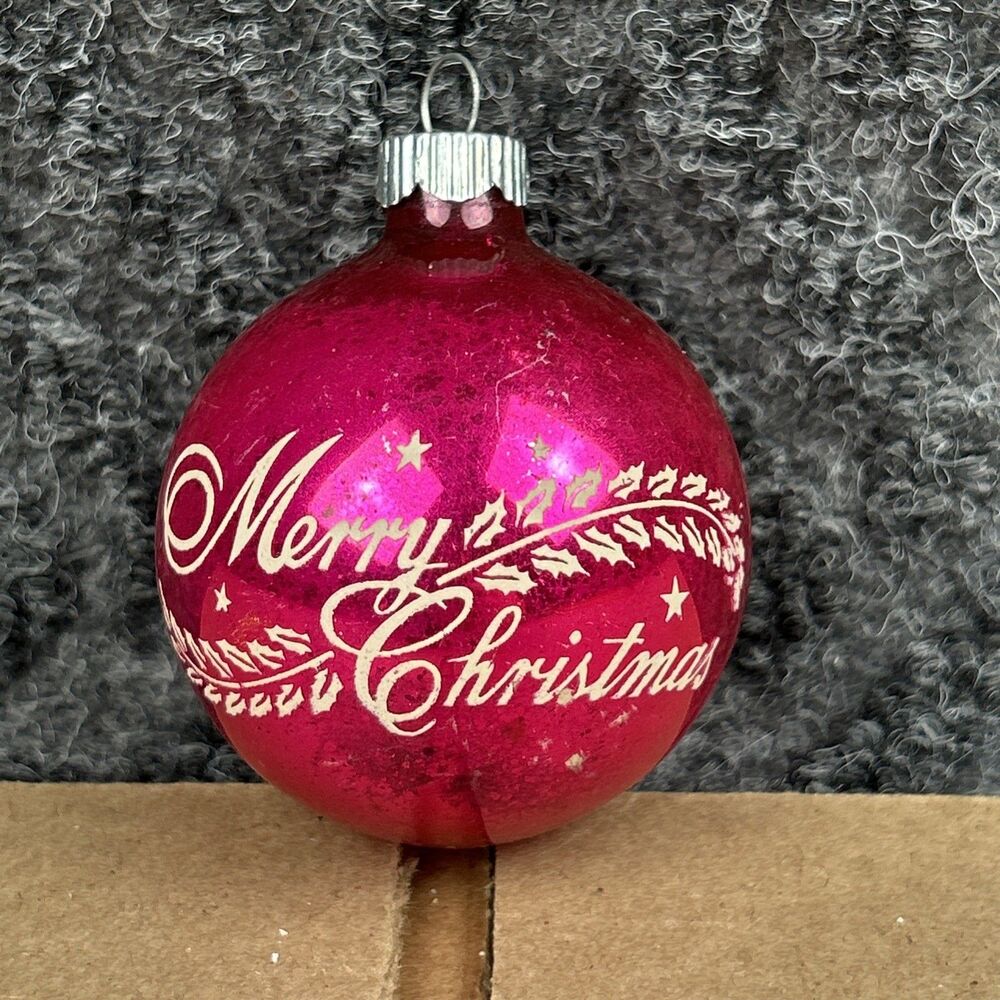 Vintage Shiny Brite Pink Fushia Glass Ornament – "Merry Christmas" Stencil 2”